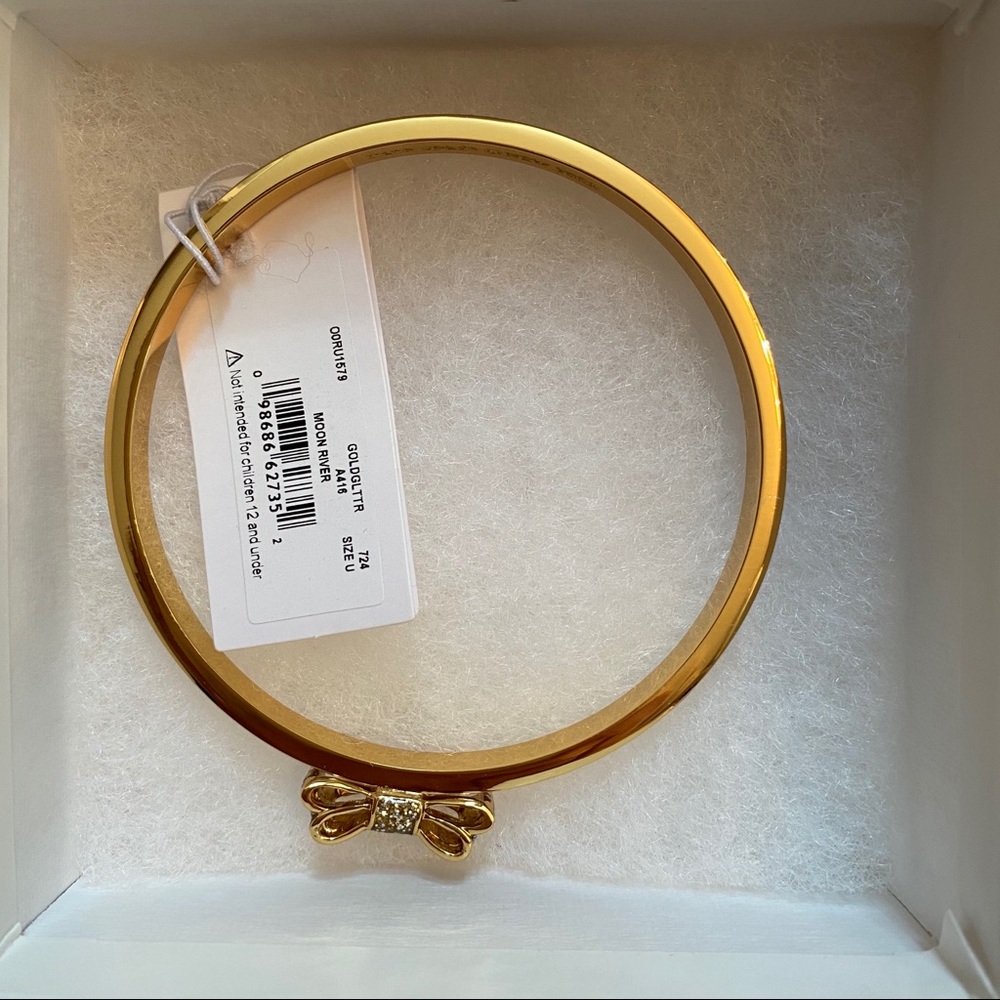 KATE SPADE NEW NWT BRACELET BANGLE GOLD PLATE GLITTER BOW MOON RIVER JEWELRY - Picture 7 of 8